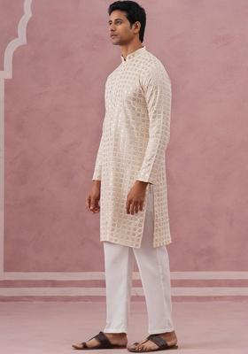 Beige Embroidered Viscose Kurta Set For Men