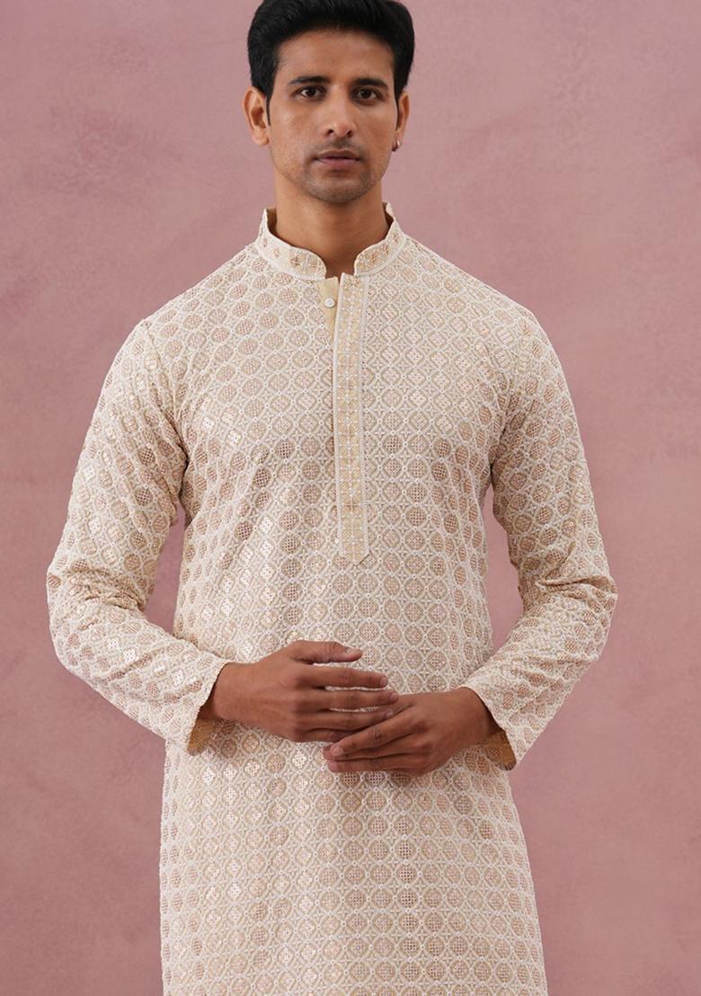 Beige Embroidered Viscose Kurta Set For Men - Indya