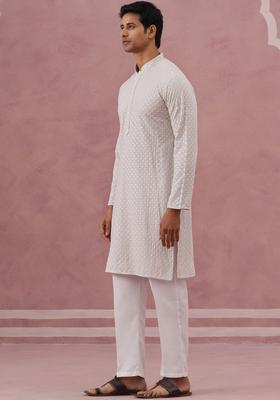 White Embroidered Viscose Kurta Set For Men
