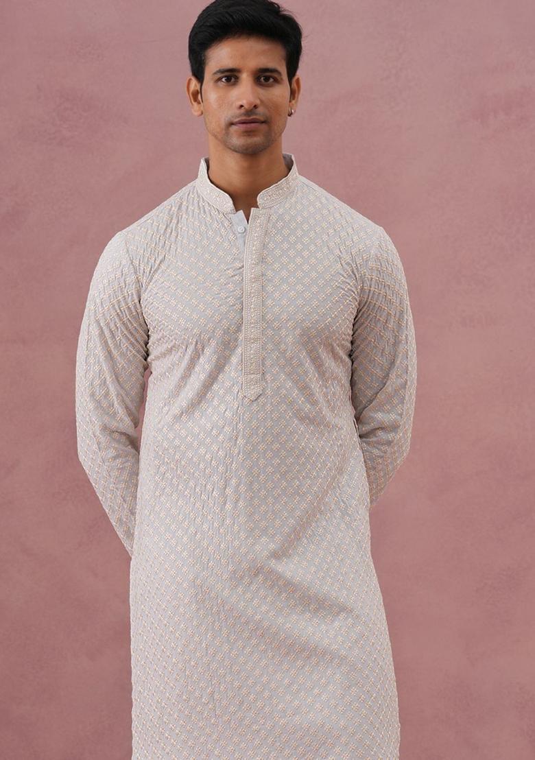 White Embroidered Viscose Kurta Set For Men - Indya