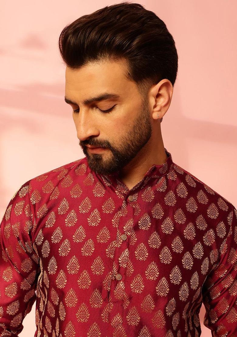 Maroon Woven Design Silk Kurta Set For Men - Indya
