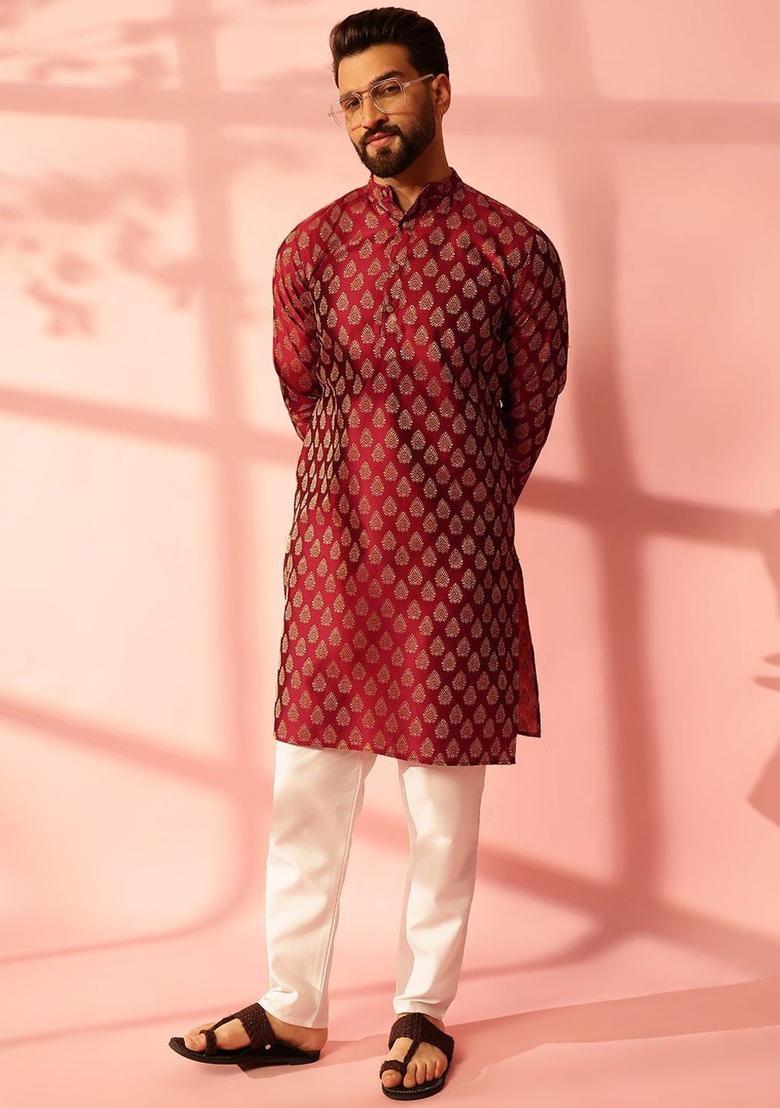 Maroon Woven Design Silk Kurta Set For Men - Indya