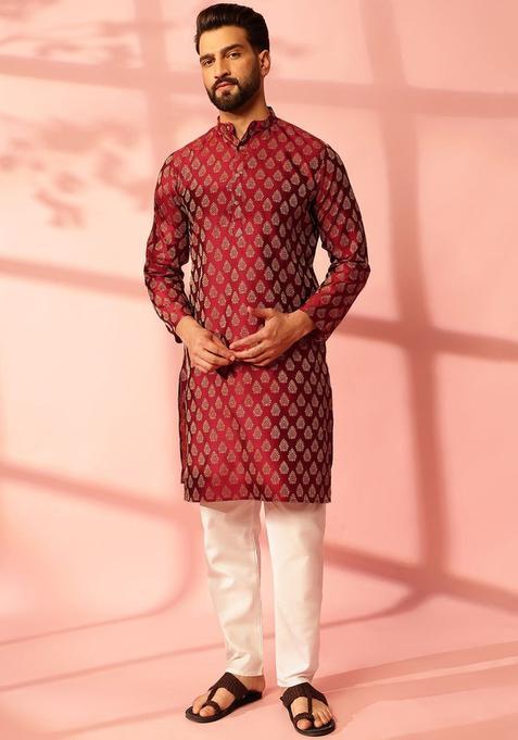 Maroon Woven Design Silk Kurta Set For Men