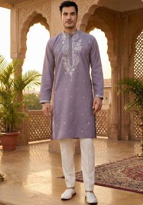 Purple Embroidered Silk Kurta Set For Men