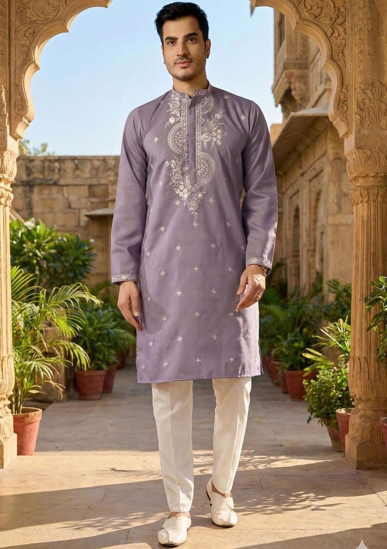 Purple Embroidered Silk Kurta Set For Men - Indya