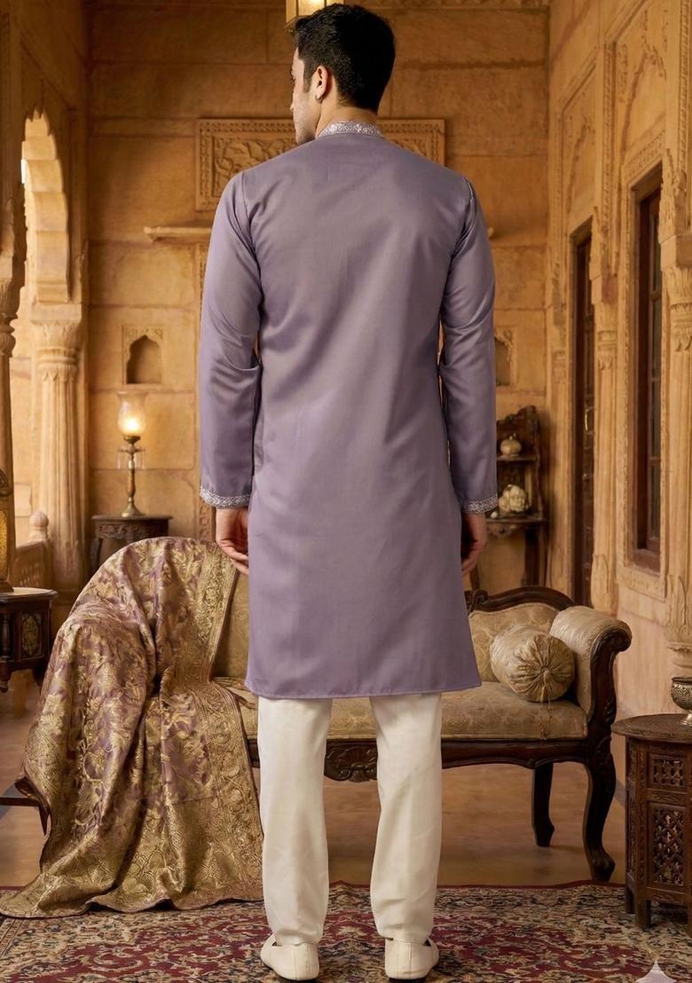 Purple Embroidered Silk Kurta Set For Men - Indya