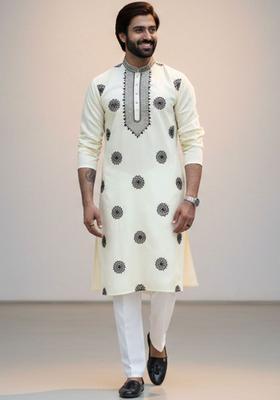 Beige Embroidered Cotton Kurta Set For Men