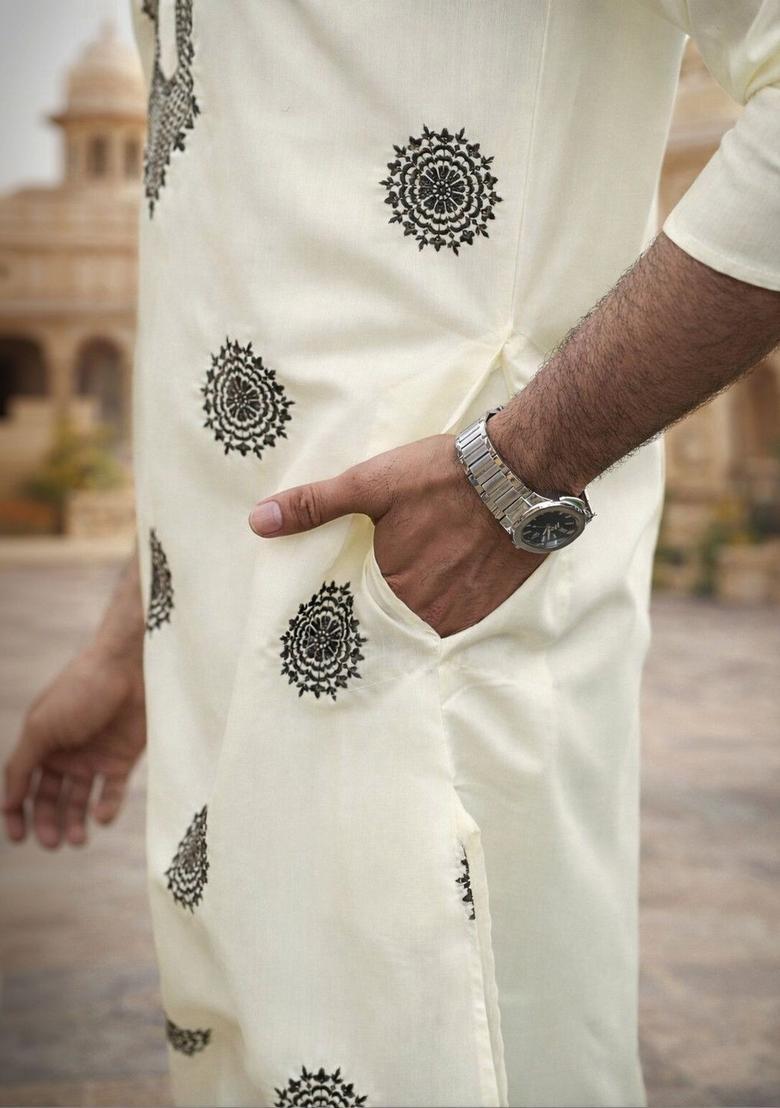 Beige Embroidered Cotton Kurta Set For Men - Indya