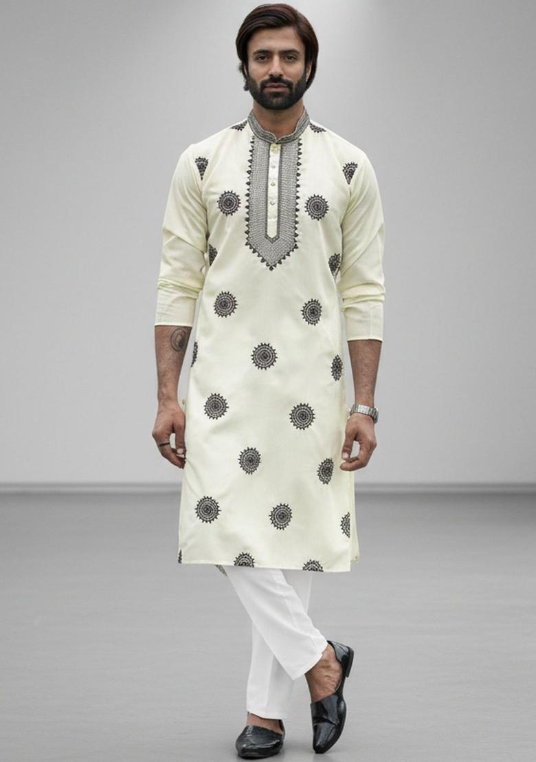 Beige Embroidered Cotton Kurta Set For Men - Indya