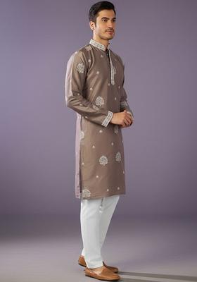 Brown Embroidered Silk Kurta Set For Men