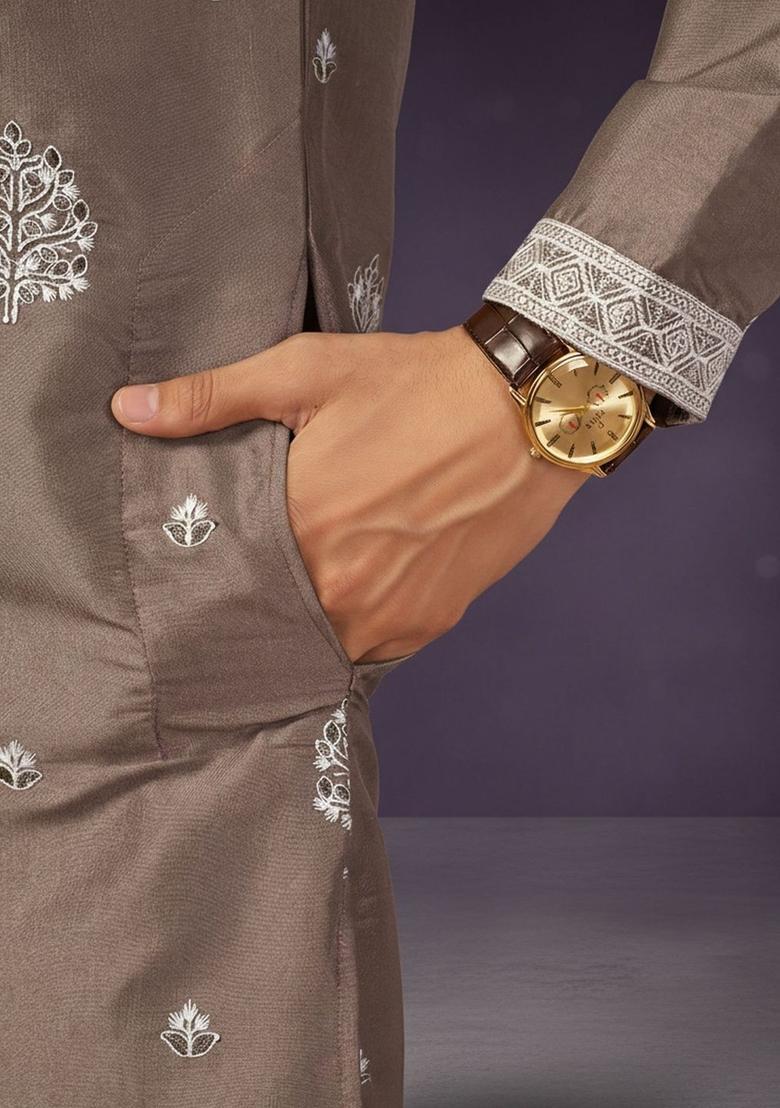 Brown Embroidered Silk Kurta Set For Men - Indya