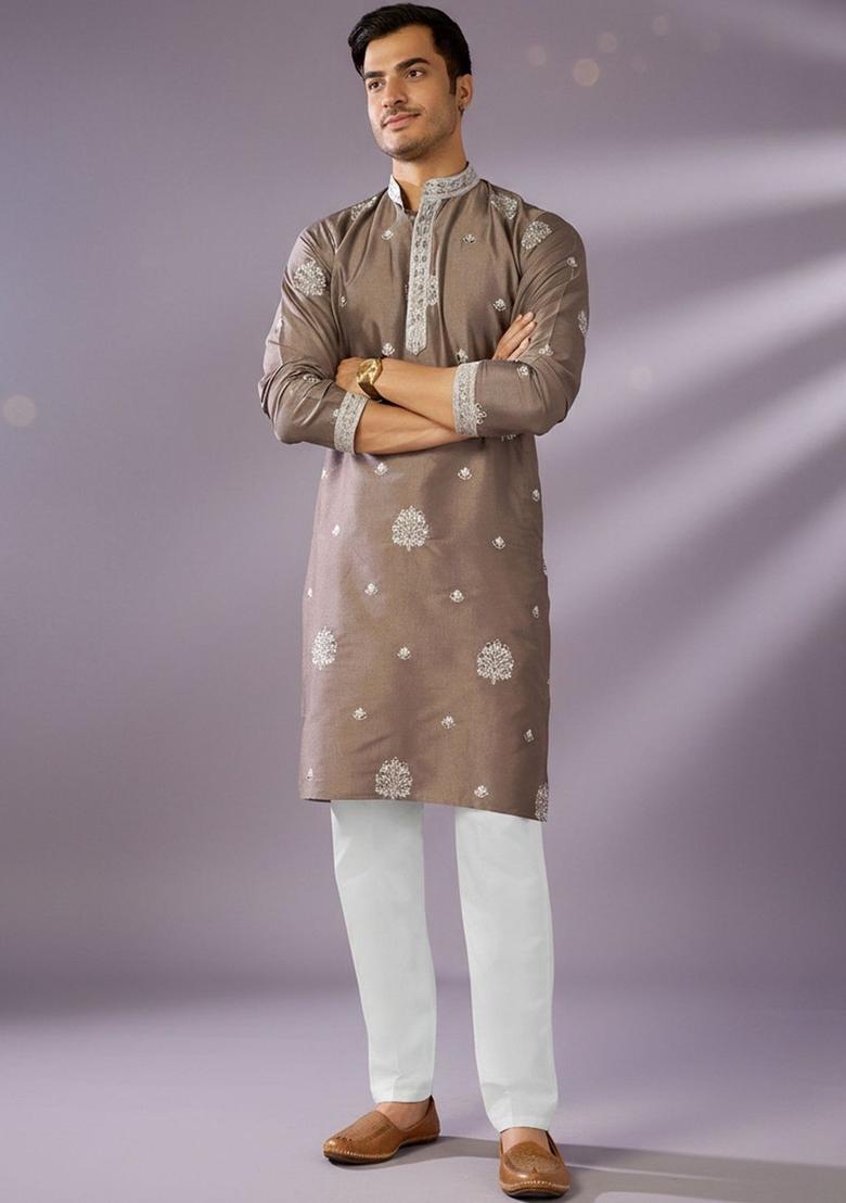 Brown Embroidered Silk Kurta Set For Men - Indya
