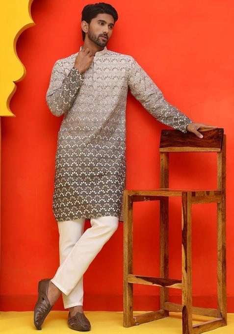 Grey Printed Cotton Kurta Set For Men