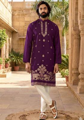 Purple Embroidered Silk Kurta Set For Men