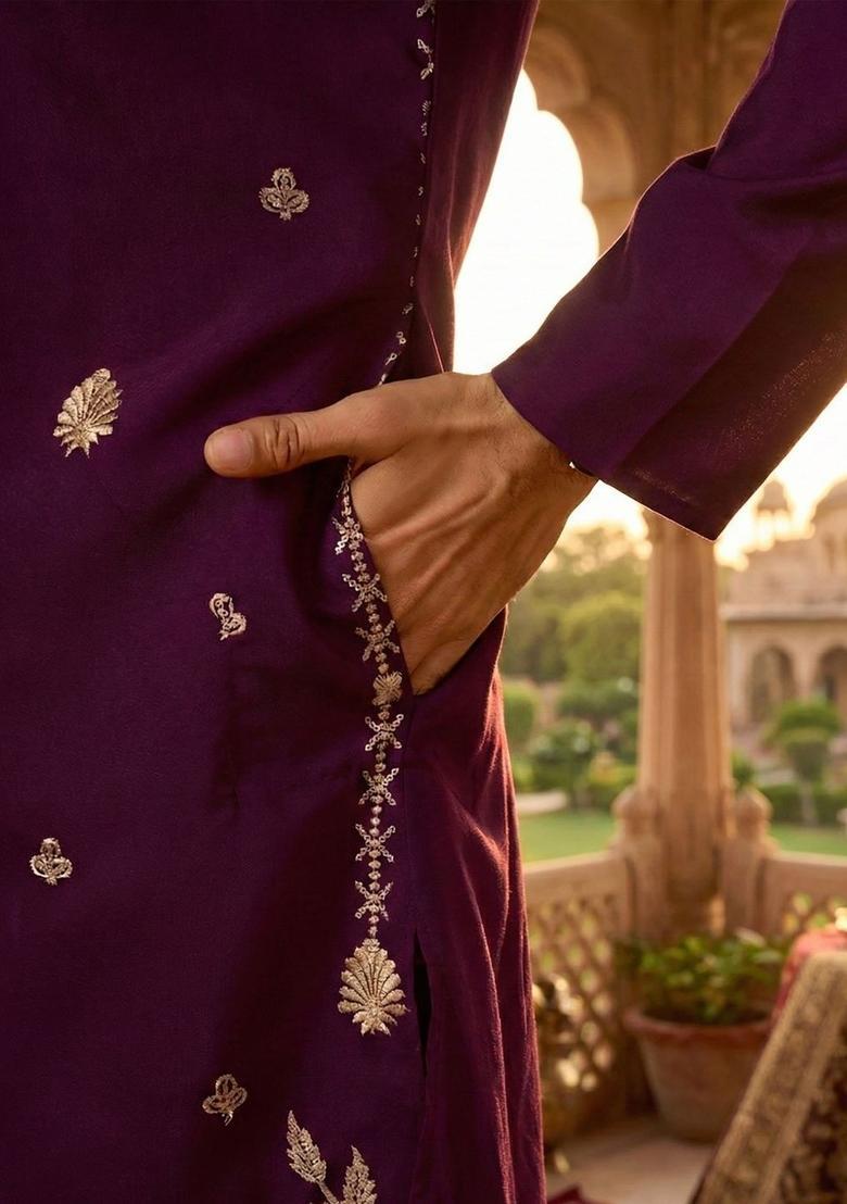 Purple Embroidered Silk Kurta Set For Men - Indya