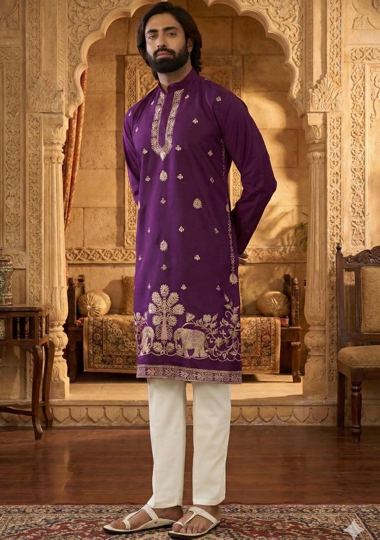 Purple Embroidered Silk Kurta Set For Men - Indya