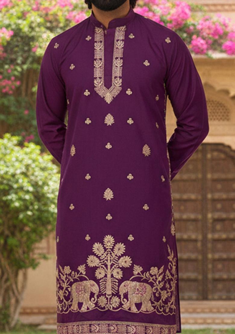 Purple Embroidered Cotton Kurta Set For Men - Indya