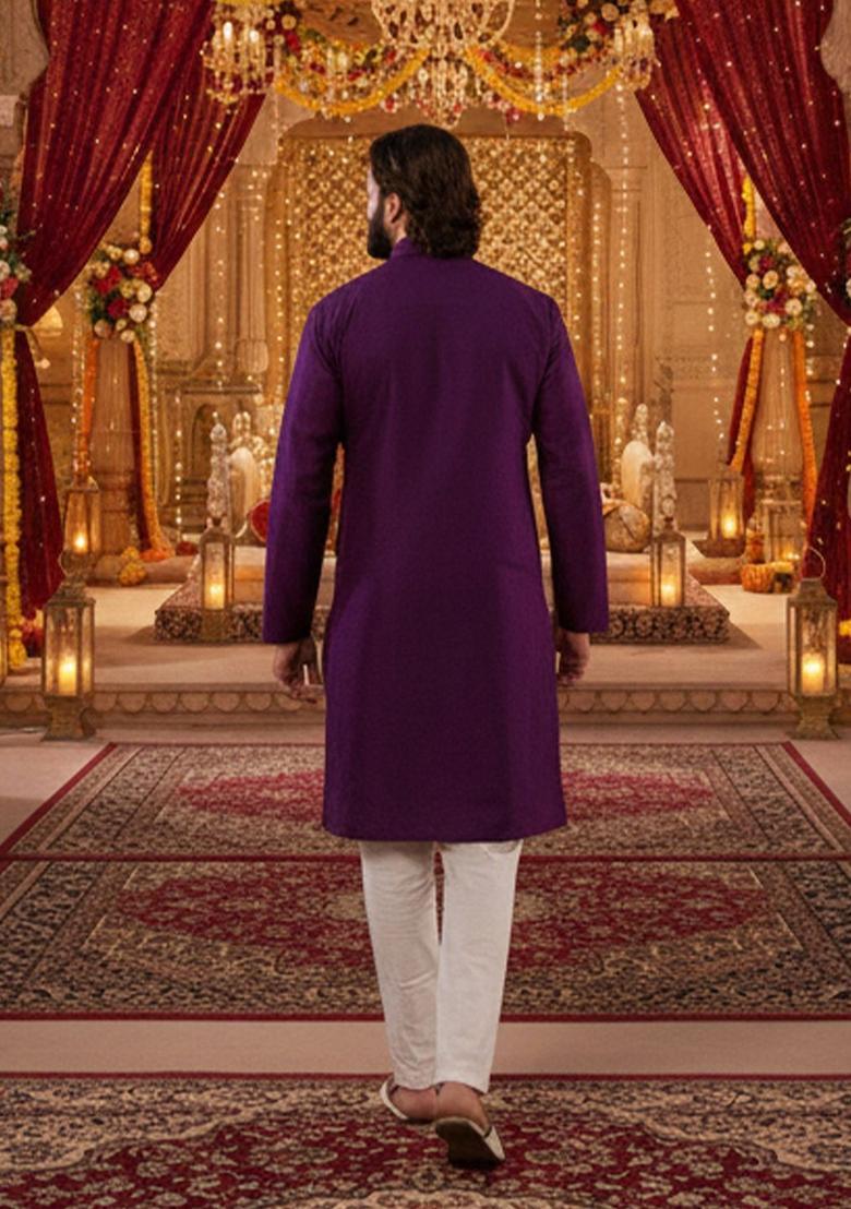 Purple Embroidered Cotton Kurta Set For Men - Indya