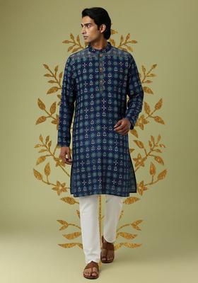 Blue Printed Polyester Kurta Set For Men