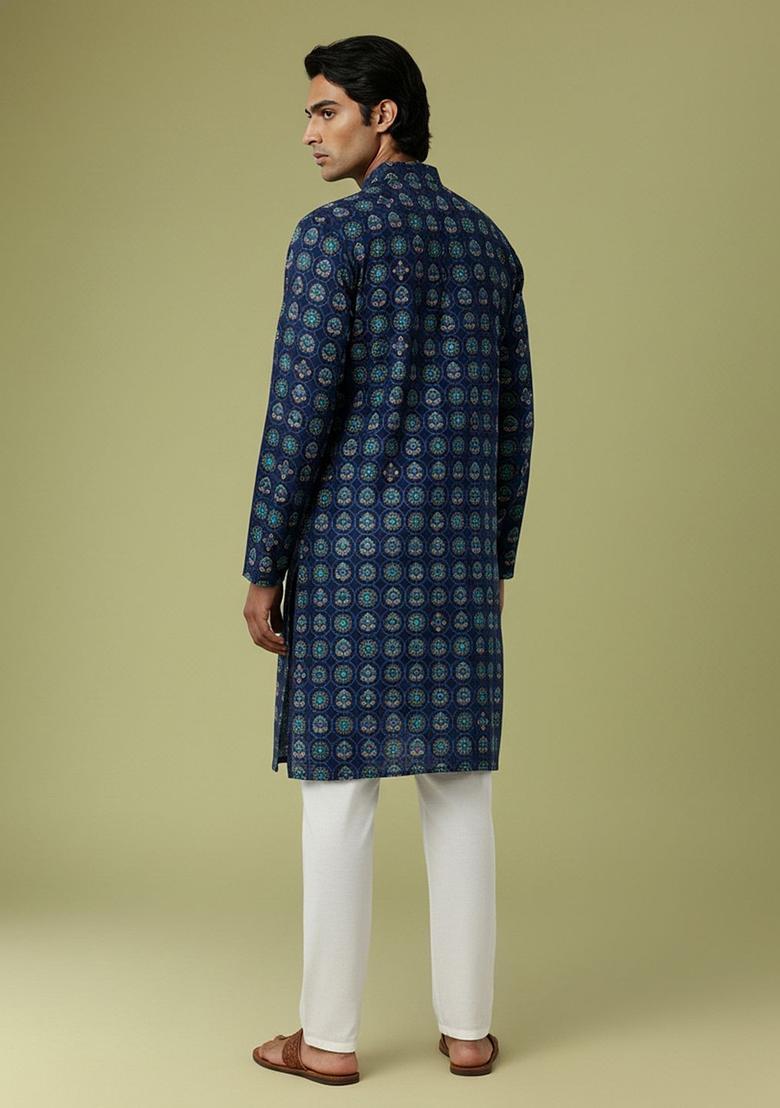 Blue Printed Polyester Kurta Set For Men - Indya
