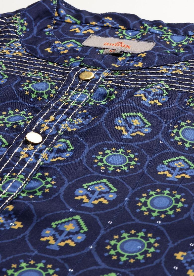 Blue Printed Polyester Kurta Set For Men - Indya