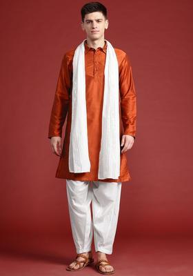 Orange Solid Polyester Kurta Set For Men