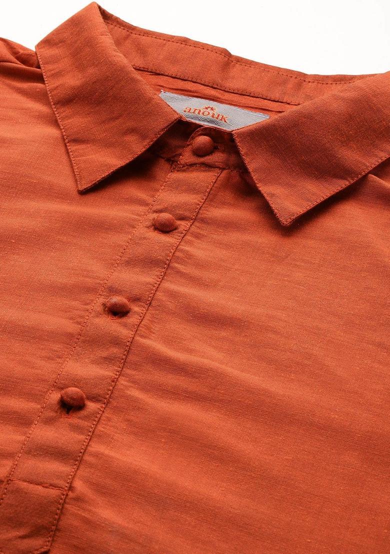 Orange Solid Polyester Kurta Set For Men - Indya