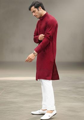 Maroon Self Design Silk Kurta Set For Men