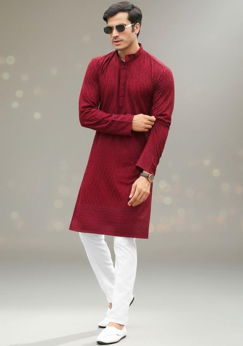 Maroon Self Design Silk Kurta Set For Men - Indya