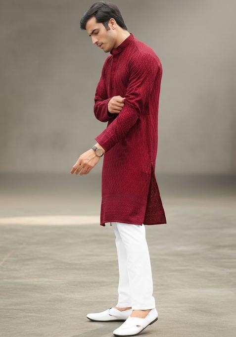 Maroon Self Design Silk Kurta Set For Men