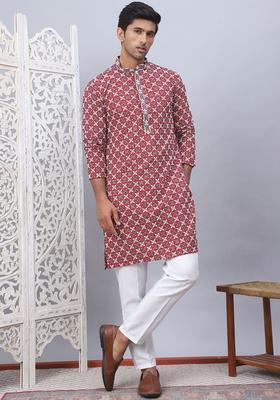 Maroon Embroidered Viscose Kurta Set For Men