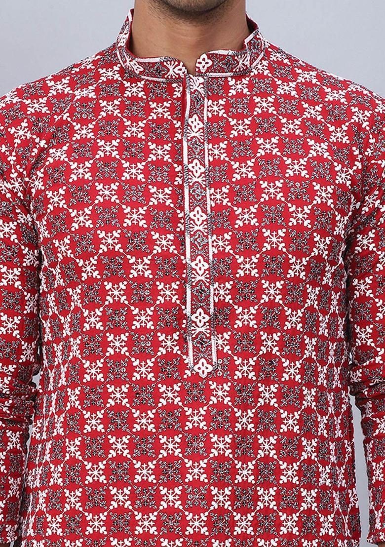 Maroon Embroidered Viscose Kurta Set For Men - Indya