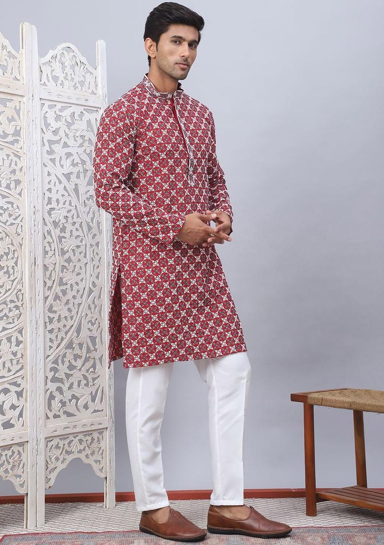 Maroon Embroidered Viscose Kurta Set For Men - Indya
