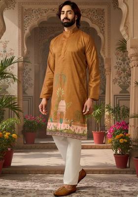 Brown Printed Polyester Kurta Set For Men