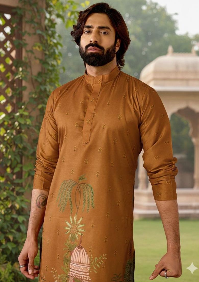 Brown Printed Polyester Kurta Set For Men - Indya