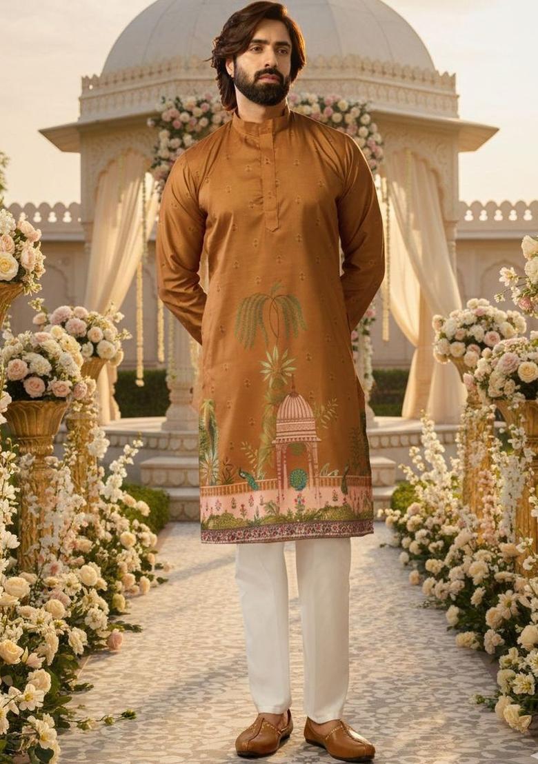 Brown Printed Polyester Kurta Set For Men - Indya