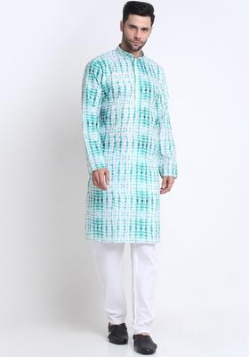Green Dyed Cotton Kurta Set For Men