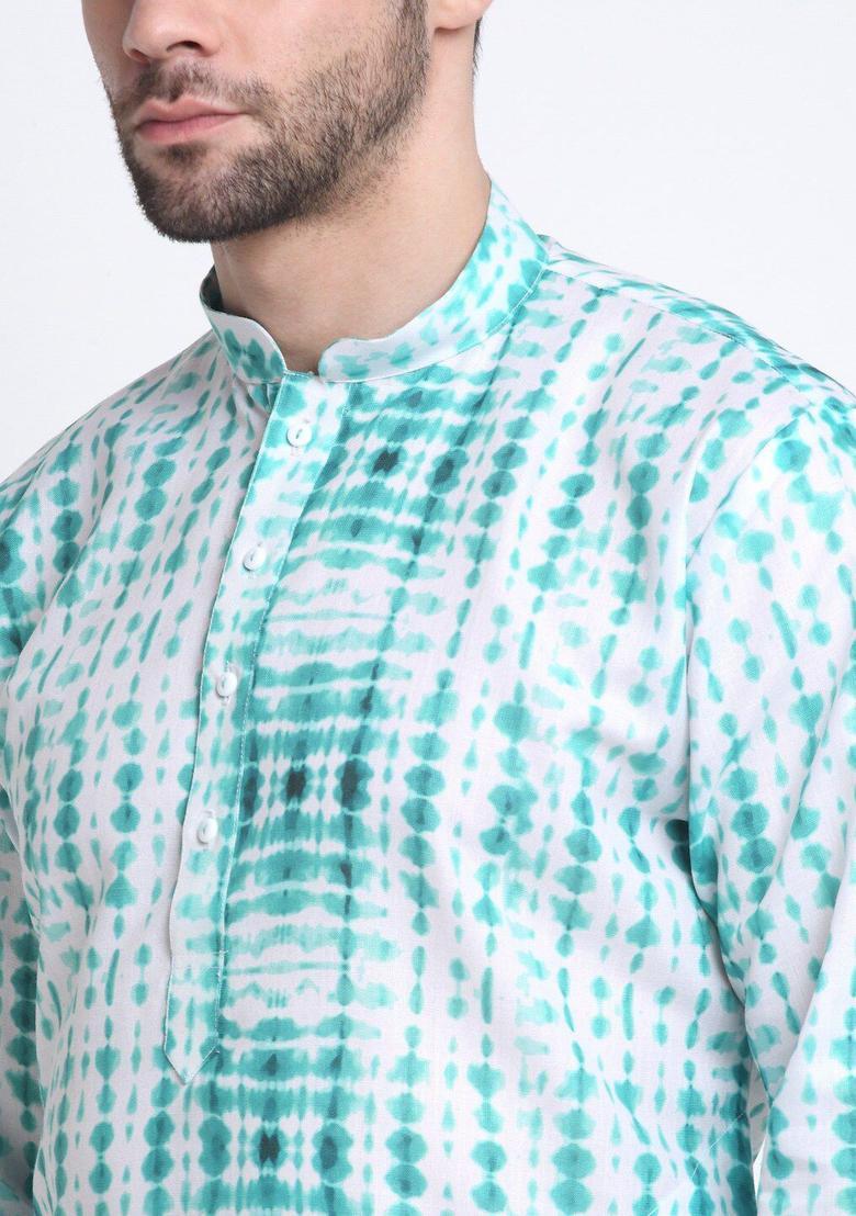 Green Dyed Cotton Kurta Set For Men - Indya