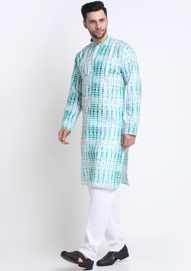 Green Dyed Cotton Kurta Set For Men - Indya
