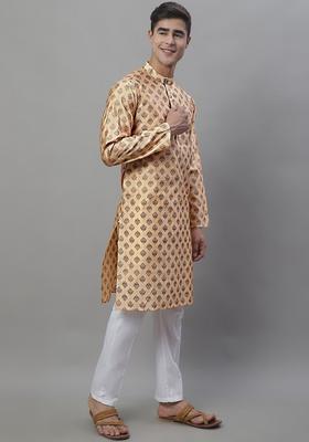 Peach Printed Silk Kurta Set For Men
