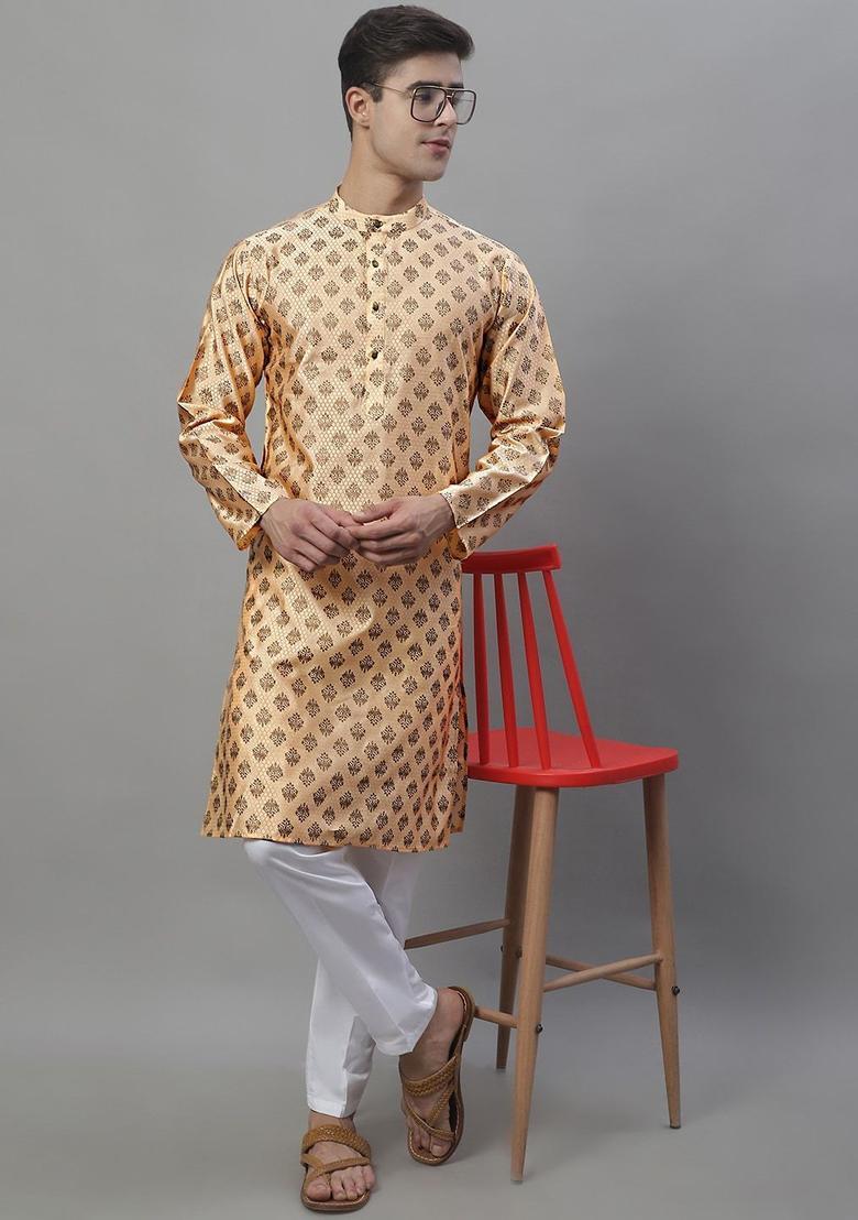 Peach Printed Silk Kurta Set For Men - Indya