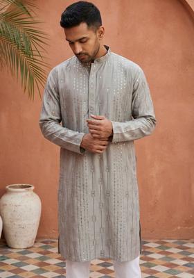 Grey Embroidered Silk Kurta Set For Men