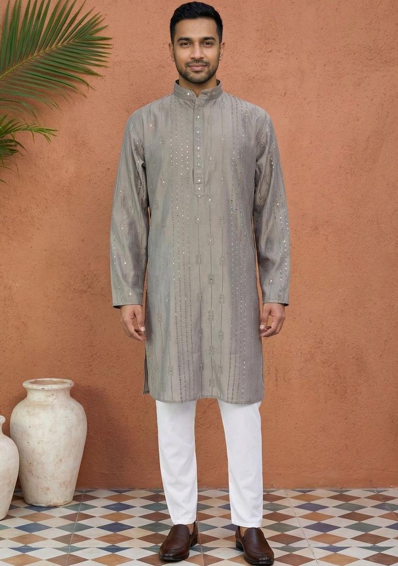 Grey Embroidered Silk Kurta Set For Men - Indya