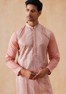 Pink Embroidered Silk Kurta Set For Men
