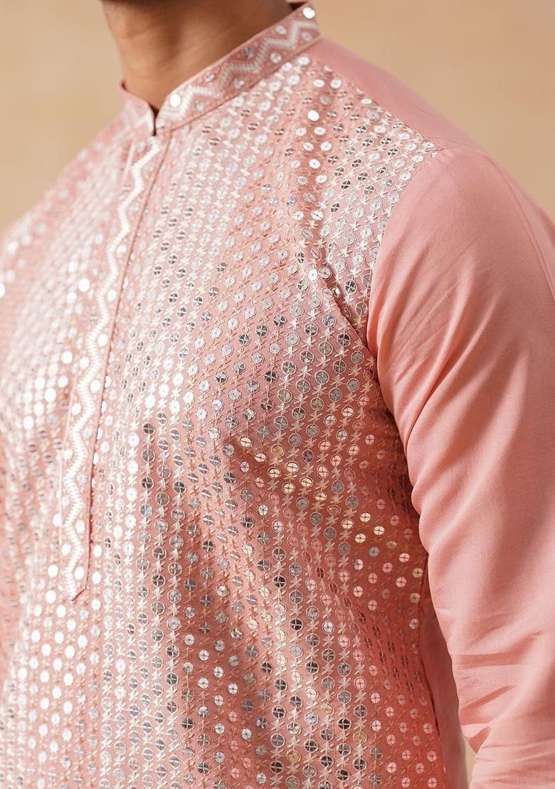 Pink Embroidered Silk Kurta Set For Men - Indya
