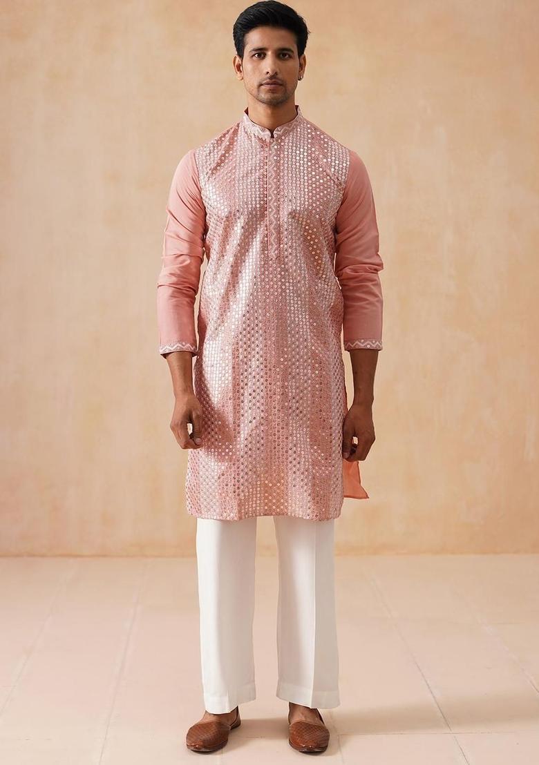 Pink Embroidered Silk Kurta Set For Men - Indya