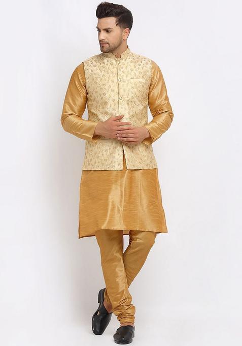 Gold Solid Silk Kurta Set For Men