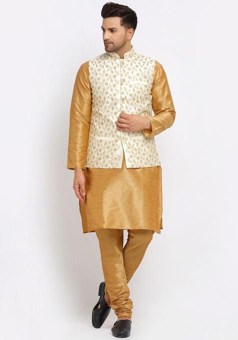 Gold Solid Silk Kurta Set For Men