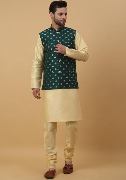Beige Solid Silk Kurta Set For Men
