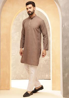 Brown Embroidered Cotton Kurta Set For Men